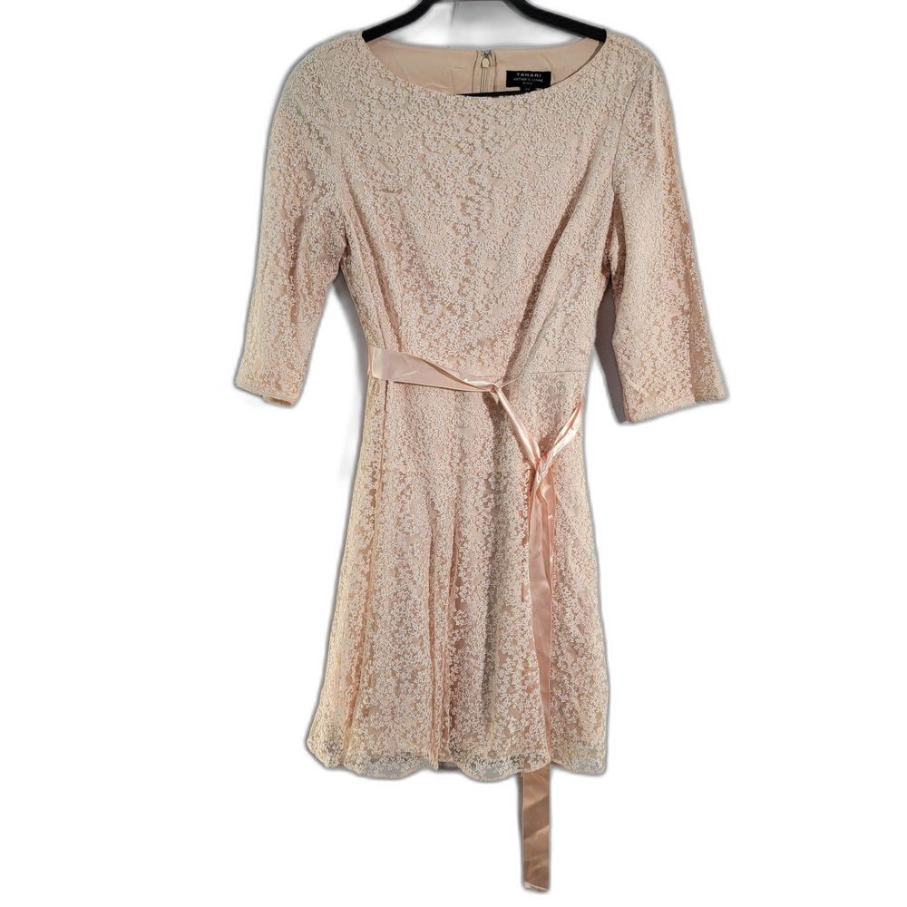 Tahari Arthur Levine Peach Lace Rayon Blend 3/4 Sleeve Knee Length Ribbon Dress - Picture 3 of 10